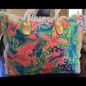 LILLY PULITZER GYPSET FRAYED BEACH TOTE BAG PACKABL BLUE IBIZA TASSEL 27392 NWT